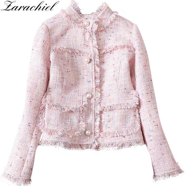 

pink and grey tweed coat winter women tassels fringed twill long sleeve pearl buckle jacket short overcoat 210416, Black;brown