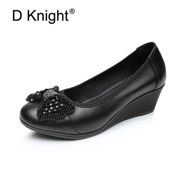 

dress shoes ladies genuine leather wedges office fashion crystal bow for women soft shallow mouth slip-on mother, Black