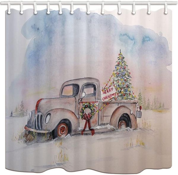 

year christmas tree old truck, polyester fabric bath curtains shower