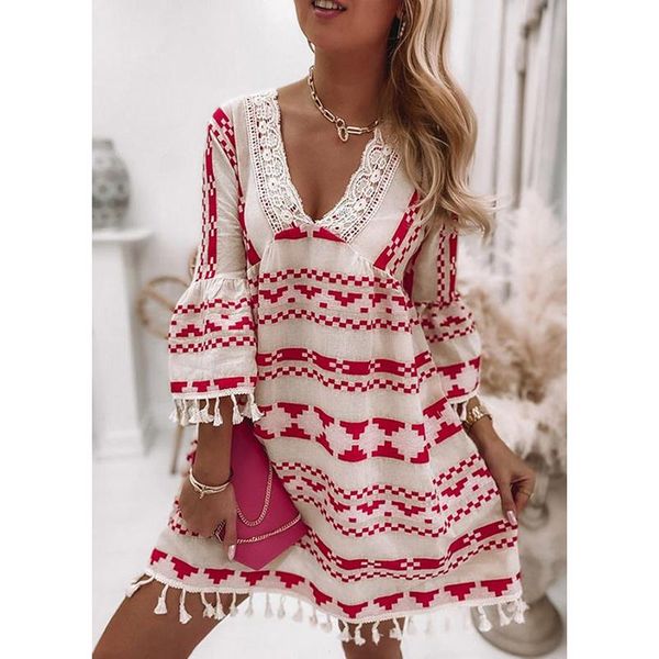 

casual dresses geometric dress woman lace flare sleeve for women 2021 long v neck autumn tassel sundress, Black;gray