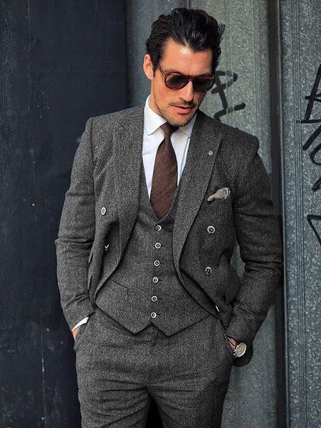 

men suit casual wool slim fit double breasted 2 piece business tuxedos for wedding (blazer+pants), Black;gray
