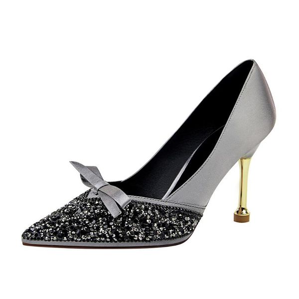 

dress shoes shallow mouth women's fashion metal heel satin high pointed sequin rhinestone bow womens, Black