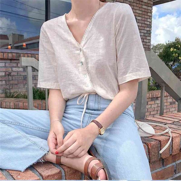 

casual short sleeve embroidery lace shirt linen cotton girls blouse plus size summer women blouses white femme blusa 210417