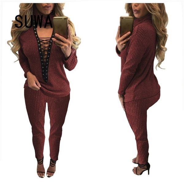 

autumn winter solid color long-sleeved v-neck hollow neck fashion jogger suit women two piece outfits pants matching sets 210525, White