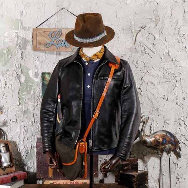 

men's leather & faux vintage short genuine jacket japanese style calfskin slim fit moto biker men buco copy coat male, Black