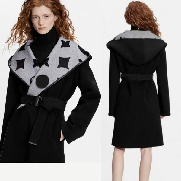 

women's wool & blends 2021 retro printing fashion women ;s versatile hooded belt slim long sleeve bouble-sided tweed windbr, Black