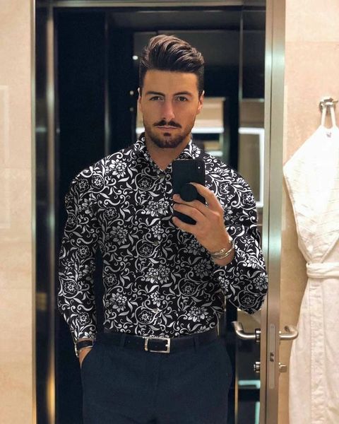 

men's casual shirts 2021camisas florales de manga larga para hombres, camisas estampadas con flores corte delgado hombres harajuku shir, White;black