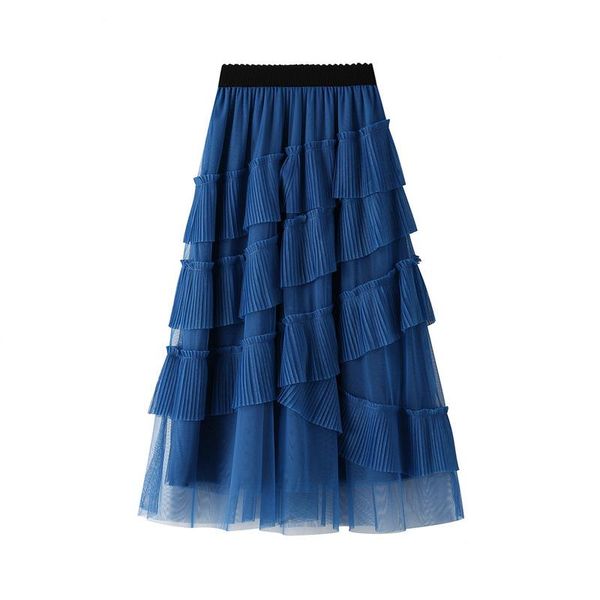 

skirts spring sweet multi layer cake tulle long skirt slanting tiered a-line pleated mesh burgundy blue gray, Black