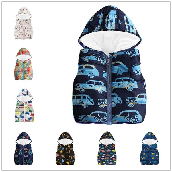 Cars Fleece Neonati maschi Gilet Bambini Gilet Abbigliamento Bambini Giacca senza maniche Cappotto Boy Canotta Felpe con cappuccio Outfit Dinosaur Overcoat 210413