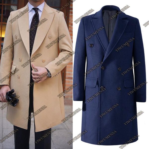 

men's suits & blazers brown/navy tweed wool blend trench men jacket abrigos para hombre double breasted overcoat long wedding tuxedos o, White;black