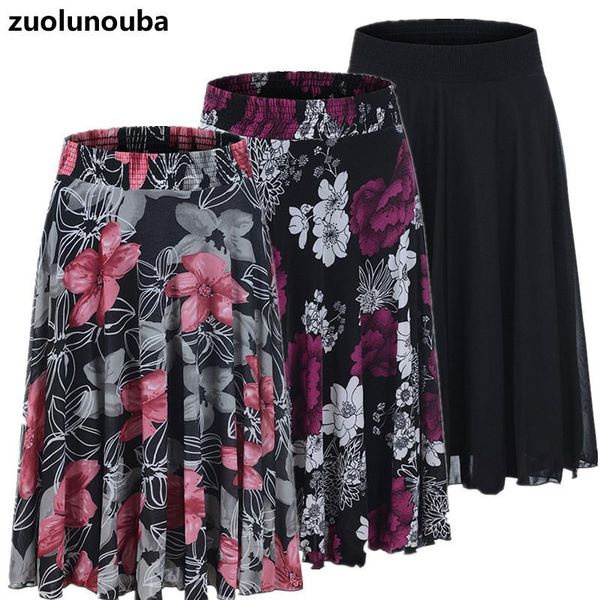 

fall middle-aged half-length skirt mother wear elastic waist plus size pleated polka dot flower printing ladies skirts, Black