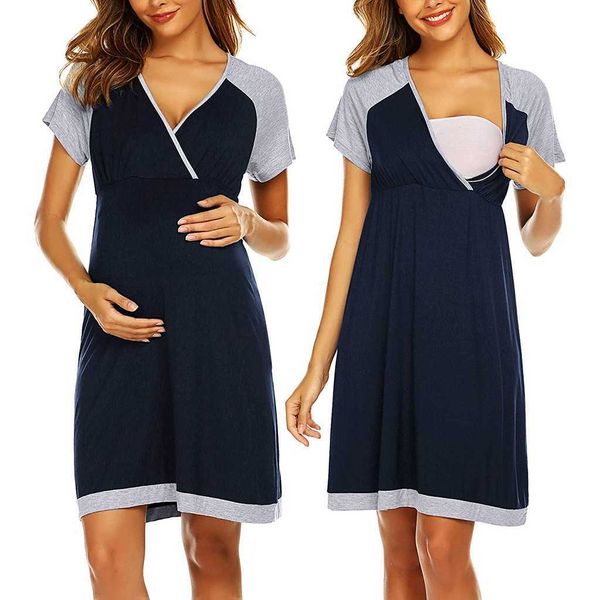 Sommer Frauen Mutterschaft Patchwork Kurzarm V-ausschnitt Pflege Kleid Casual Hause Nachthemd Schwangerschaft Stillen Kleider Q0713