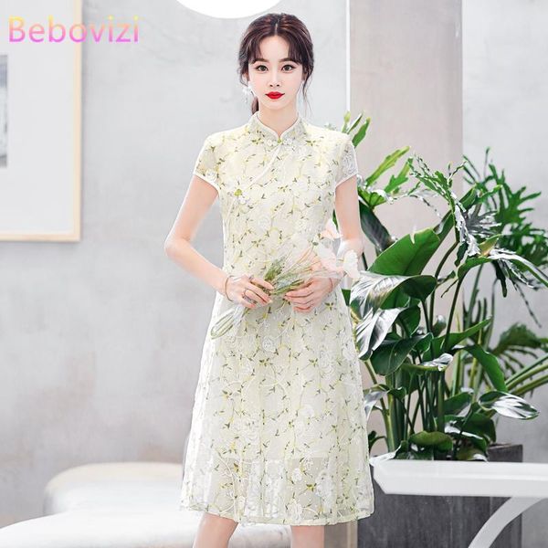 

ethnic clothing -4xl chiffon embroidery vintage short sleeve summer cheongsam dresses chinese traditional qipao casual party women midi dre, Red