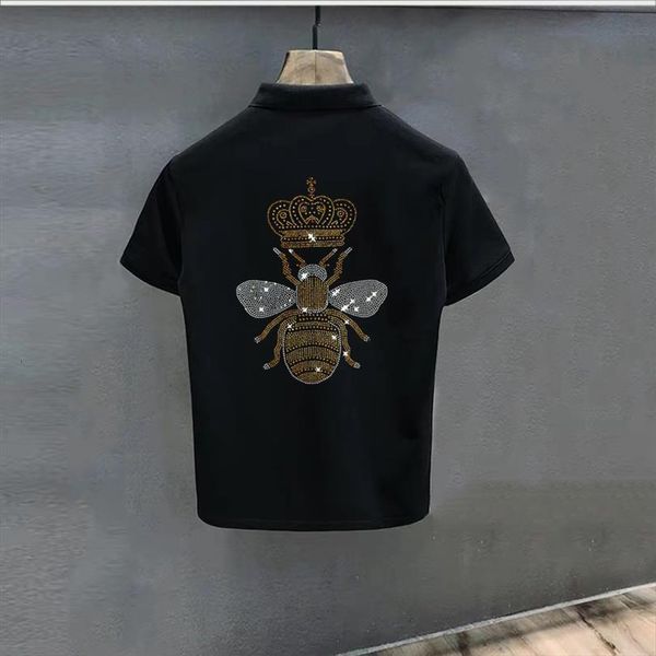 

summer rhinestone lapel wear casual mens polos 100% cotton black and white plus size design brand short sleeves, White;black