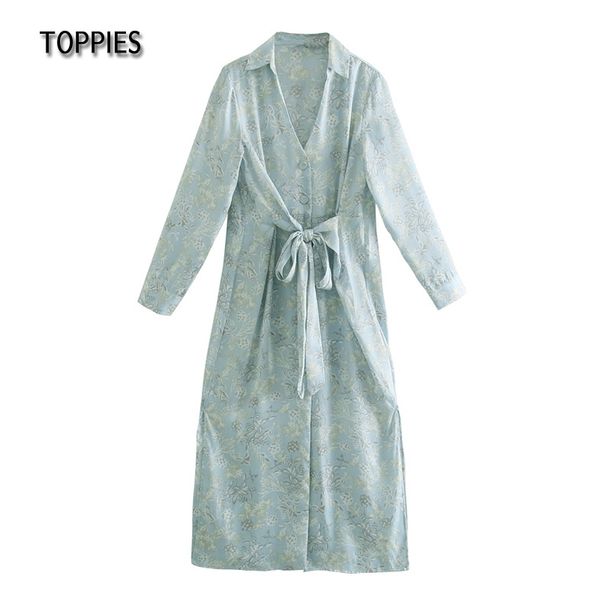 Toppies donna nodo manica lunga camicie vestito donna maxi vestito fiore stampa vestiti eleganti 210412