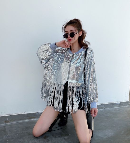 

pants msxu autumn women's jacket korean fashion great foreign temperament brand heavy industry tassel coat sequins, White