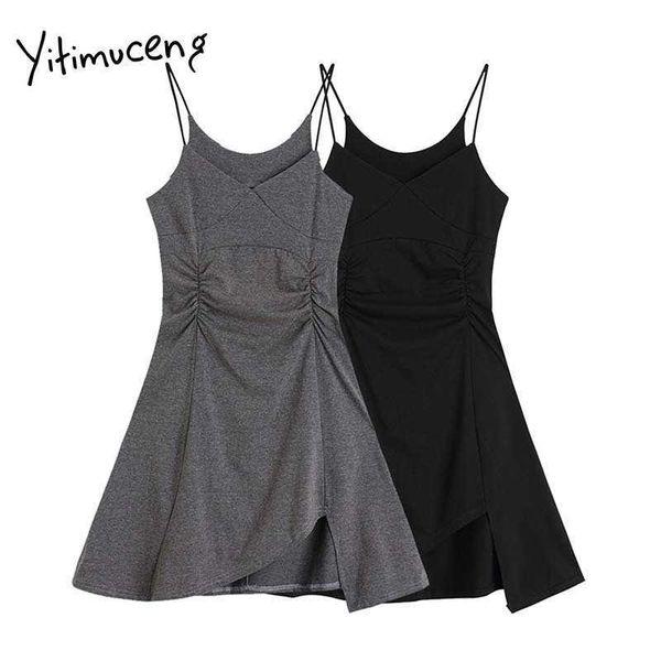 

yitimuceng irregular spaghetti strap dresses women summer ruched bare shoulder high waist sundress korean fashion 210601, Black;gray