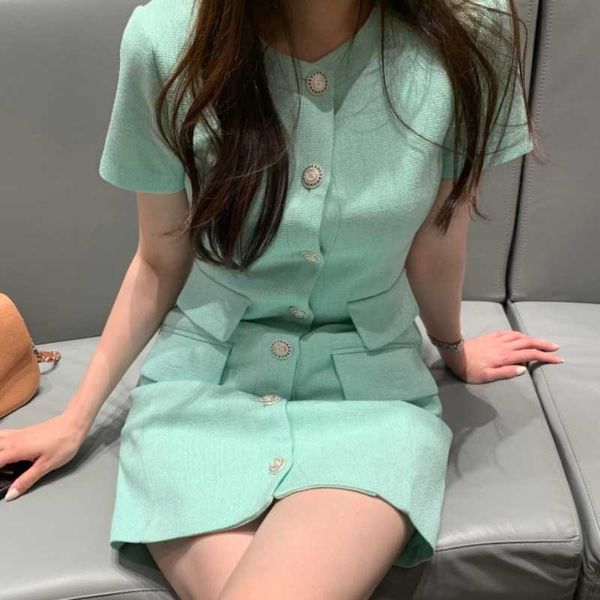 

arrived summer korean elegant temperament tweed dress o-neck single-breasted short-sleeved chic vestidos 210526, Black;gray