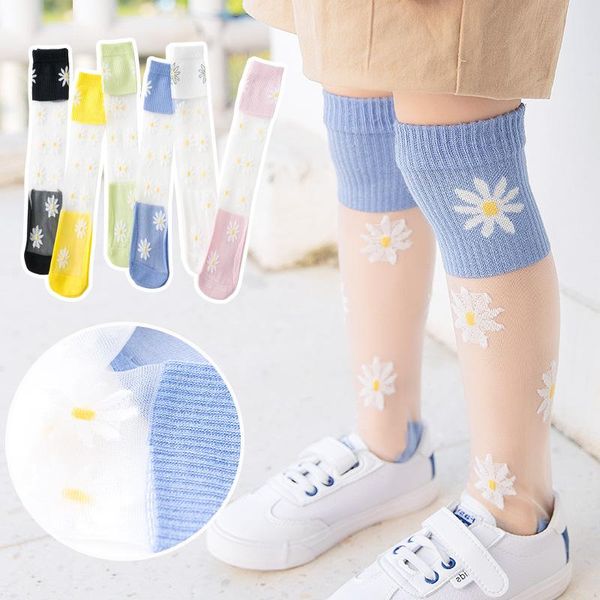

socks 2021 summer children's stockings female baby small daisy print mesh cotton thin 3-8y, Pink;yellow