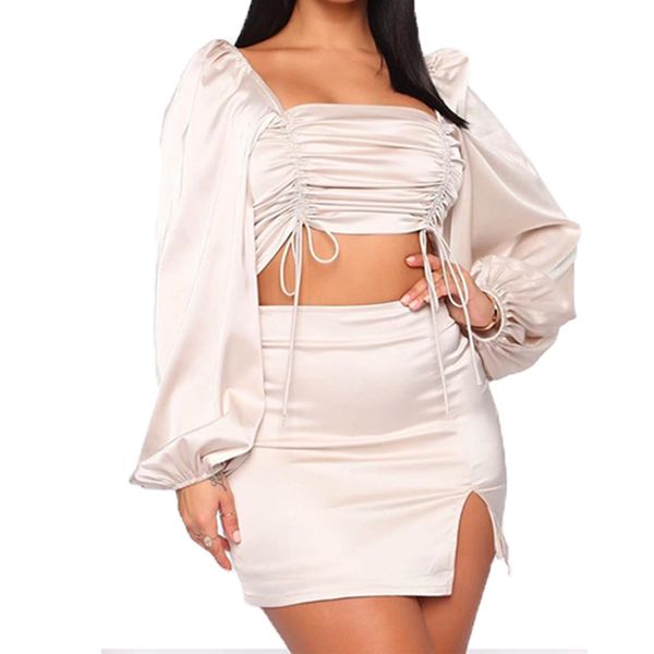 

dstring ruched and skirt two piece sets matching set baless lantern sleeve crop summer outfitshigh quality, White