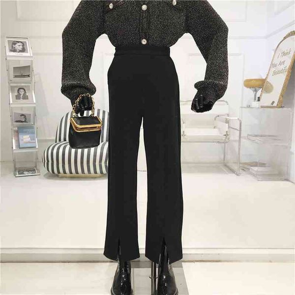 

capri design of niche high waist micro-burnt female 2021 division wide leg suit vertical feeling tube straight pants, Black;white