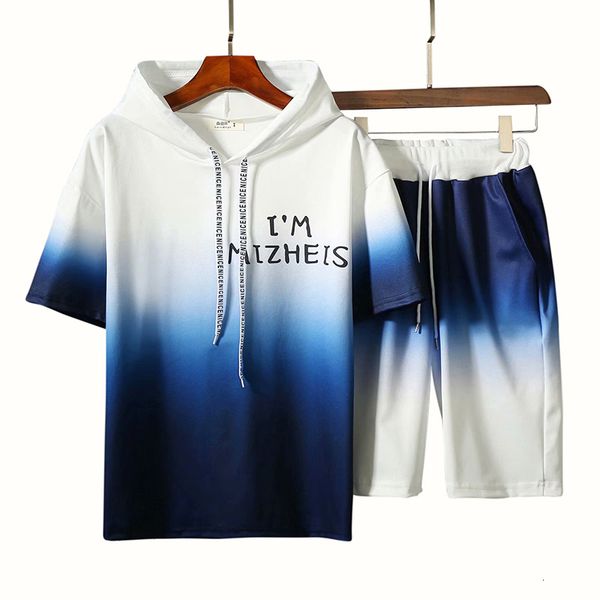 

women's tracksuits summer set of men's training clothes gradient short sleeve with hood shirt + jogging shorts casual fitness 2 pi, Gray