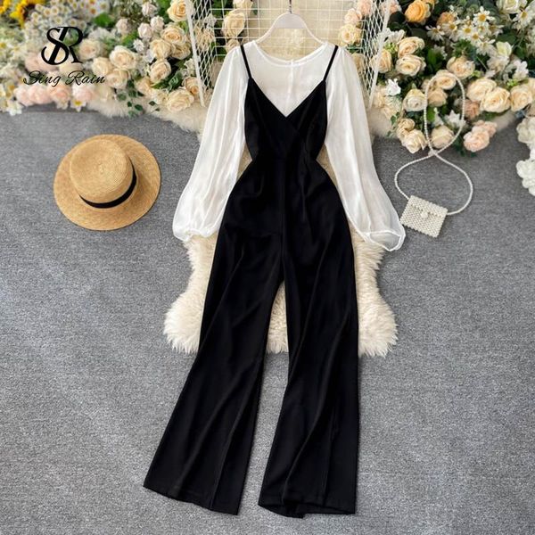 

women's pants & capris singrain 2021 women autumn solid o neck long puff sleeve backless adjustable strawide leg jumpsuits two piec, Black;white