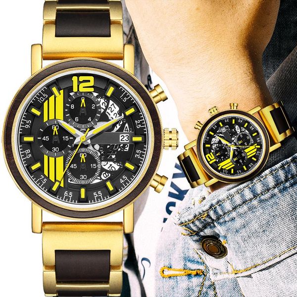 

wristwatches relogio masculino gold luxury men watch metal wooden chronograph wristwatch quartz timepiece custom steel dial christmas gift, Slivery;brown