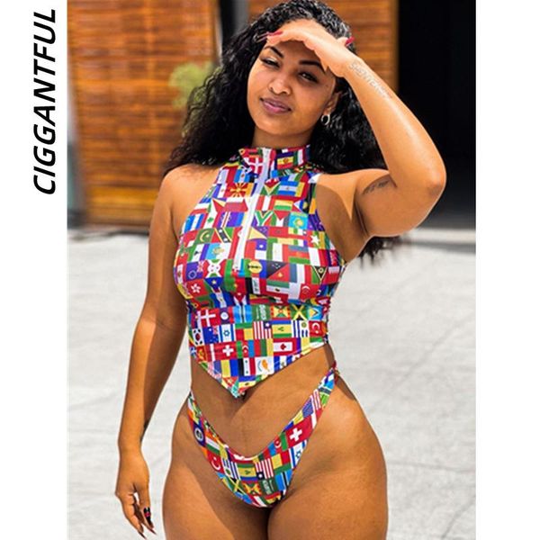 

women's tracksuits ciggantful 2021 summer style printed half high neck sleeveless crop briefs shorts suit women streetwear outfit, Gray