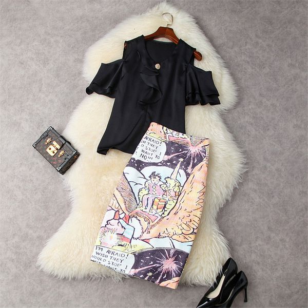 

two piece dress fashion will see women's clothes slobbered off the shoulder shirt and print pencil skirt 2 piece suit lady's offic, White