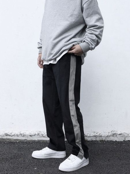 

men contrast panel slit hem pants o73x#, Black