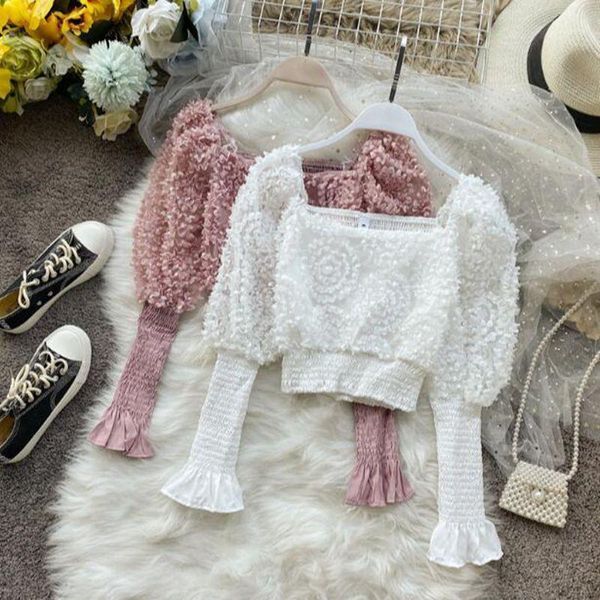 

spring autumn female square collar long puff sleeve flower shirt women solid mesh short blouse shirts pullover jw9327 women's blouses, White