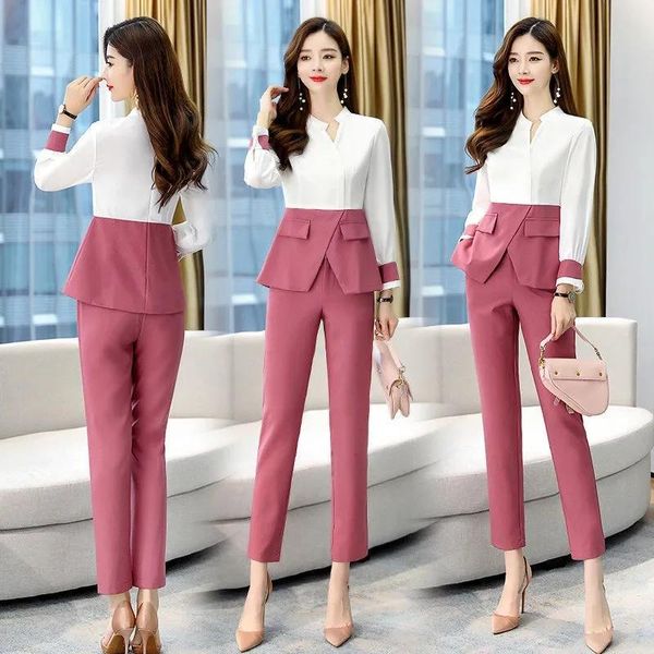 

women's two piece pants women pieces set 2021 spring autumn long sleeve patchwork +elastic waist pencil trousers office lady suits, White