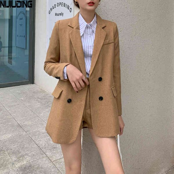

spring summer casual long sleeve blazer suits retro solid jacket and shorts two piece office lady clothing sets 210514, White;black