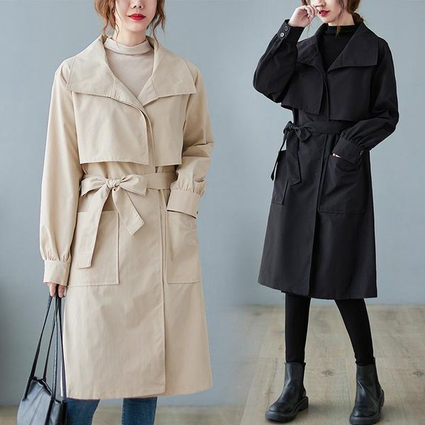 

women's trench coats autumn 2021 fashion thin coat mid-calf length windbreaker clean color medium, Tan;black
