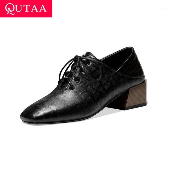 

dress shoes qutaa 2021 square toe quality cow leather+pu ladies pumps fashion lace up med heel women single size 34-421, Black
