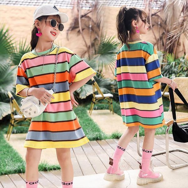 

teen girls princess summer student girl dress cotton striped straight long tees for kids clothes children costume 12 13years, Red;yellow