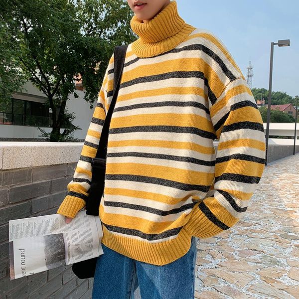 

men's sweaters high neck loose striped pullover sweater, White;black