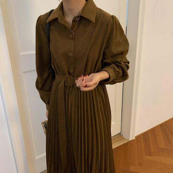 

vintage women autumn long pleated shirt dress with belt high waist camel color corduroy full sleeve casual dresses, Black;gray