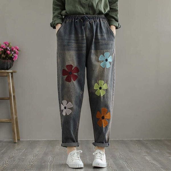 

autumn style arts women's elastic waistband vintage loose jeans flower embroidered cotton deniharem pants m323, Blue