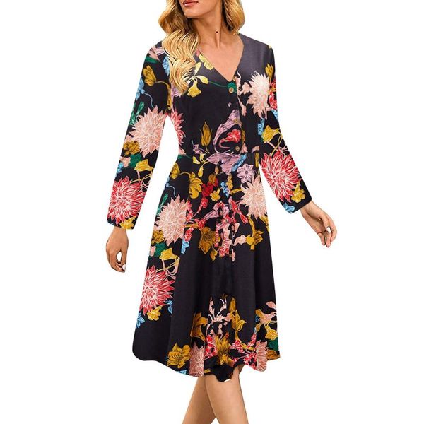 

casual dresses womens vintage sundress v- neck long sleeves streetwear floral print knee-length dress female sukienki damskie, Black;gray