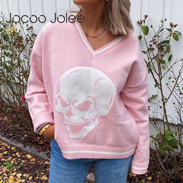 

women long sleeve skulls print loose sweater casual v neck knitted pullover vintage autumn spring ladies jumper 210428, White;black