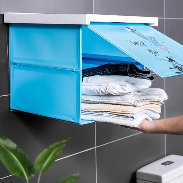 

bathroom frescoes include wall-mounted clothes lockers that fold into storage racks bottles & jars