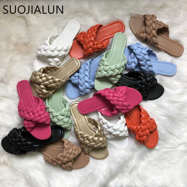 

suojialun fashion weave slippers women open toe rome flat casual shoes women slide summer flip flops beach sandal slipper 210630, Black