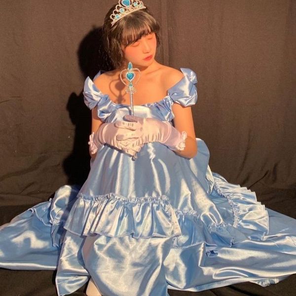 

casual dresses blue elegant victorian dress women summer long fairy korean strap kawaii vintage wedding evening party 2021, Black;gray