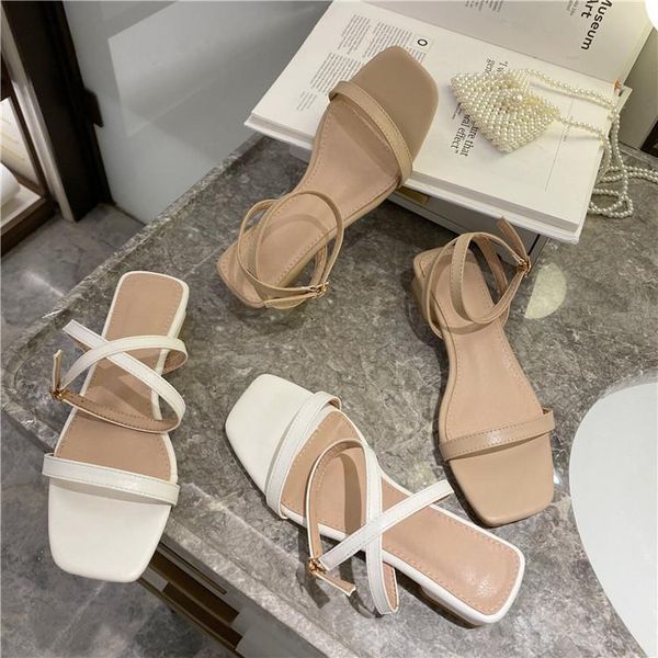 

open toe comfort shoes for women female sandal buckle strap block heels all-match 2021 summer med peep girls beige chunky sq sandals, Black