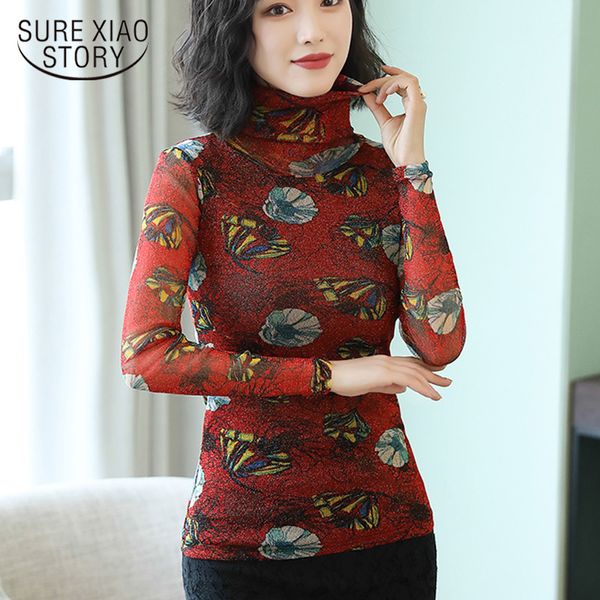 Outono manga comprida impressão de camisa de fundo mulher elástica plus size tops vermelhos gola e blusas femininas elegante 5667 50 210417