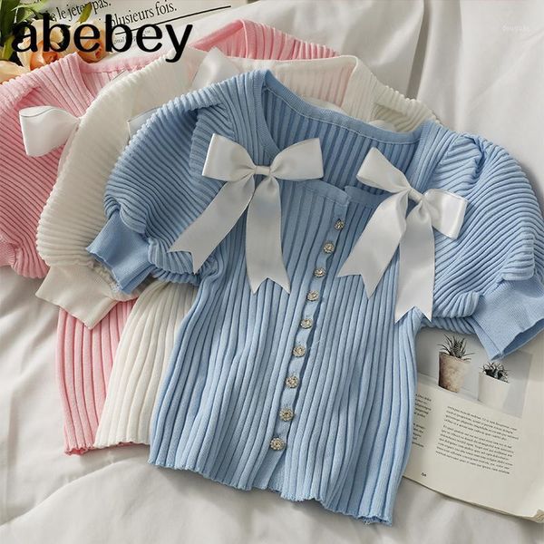 

women's t-shirt french niche tight-fitting slimming single-breasted vertical striped knitted bowknot puff sleeve short top, White