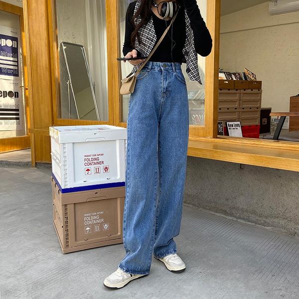 

women's jeans womens denim vintage washed loose straight blue long pants high waist female streetwear wide leg ladies trousers