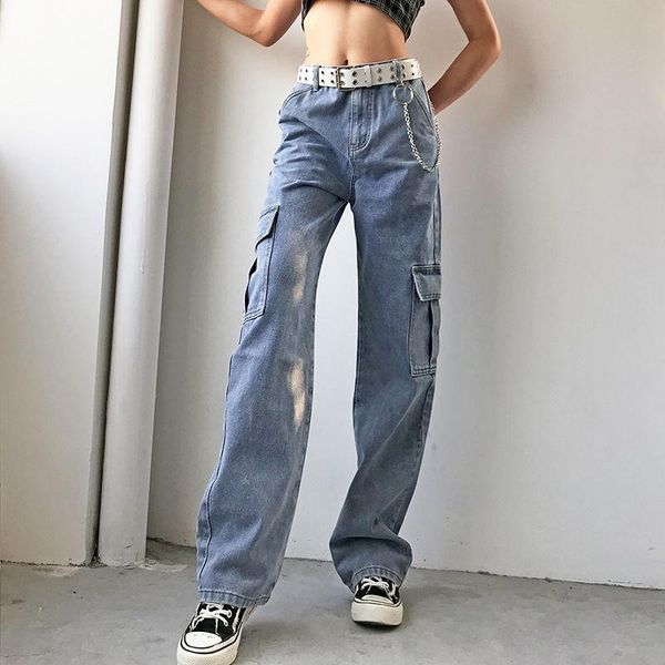 

women's jeans spring streetwear straight denim full length trouses vintage loose belt pockets patchwork high waist female fashion, Blue